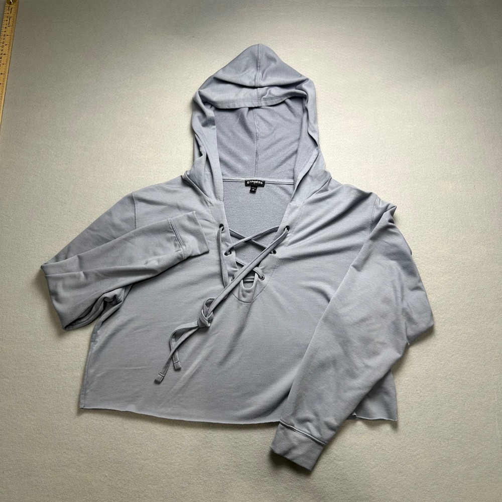 Express Hoodie Womens Medium Light Blue Lace Up Cropped French Terry Long Sleeve
